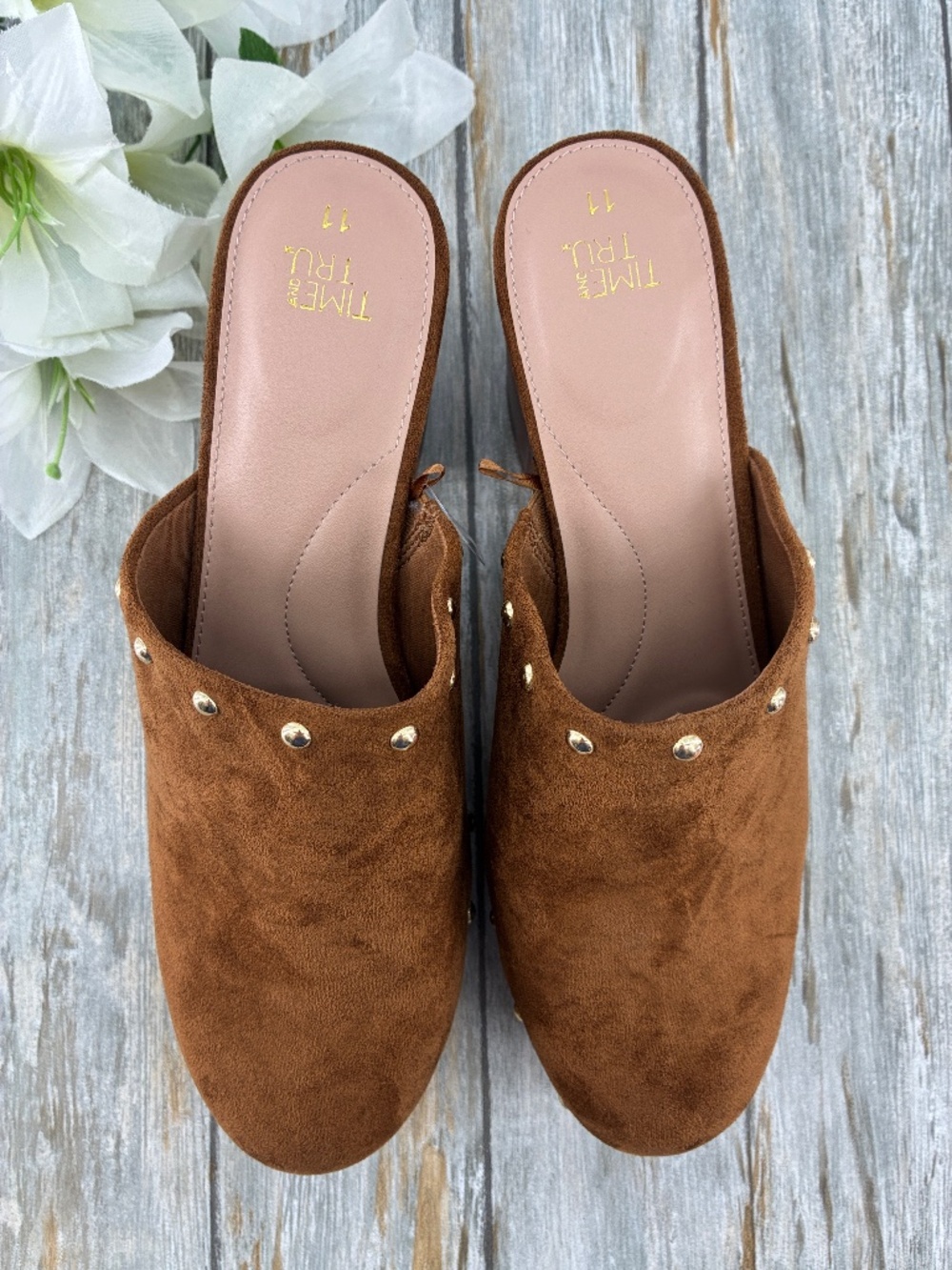 Chestnut Brown Faux Suede Studded Block Heel Mules Shoes Size 11